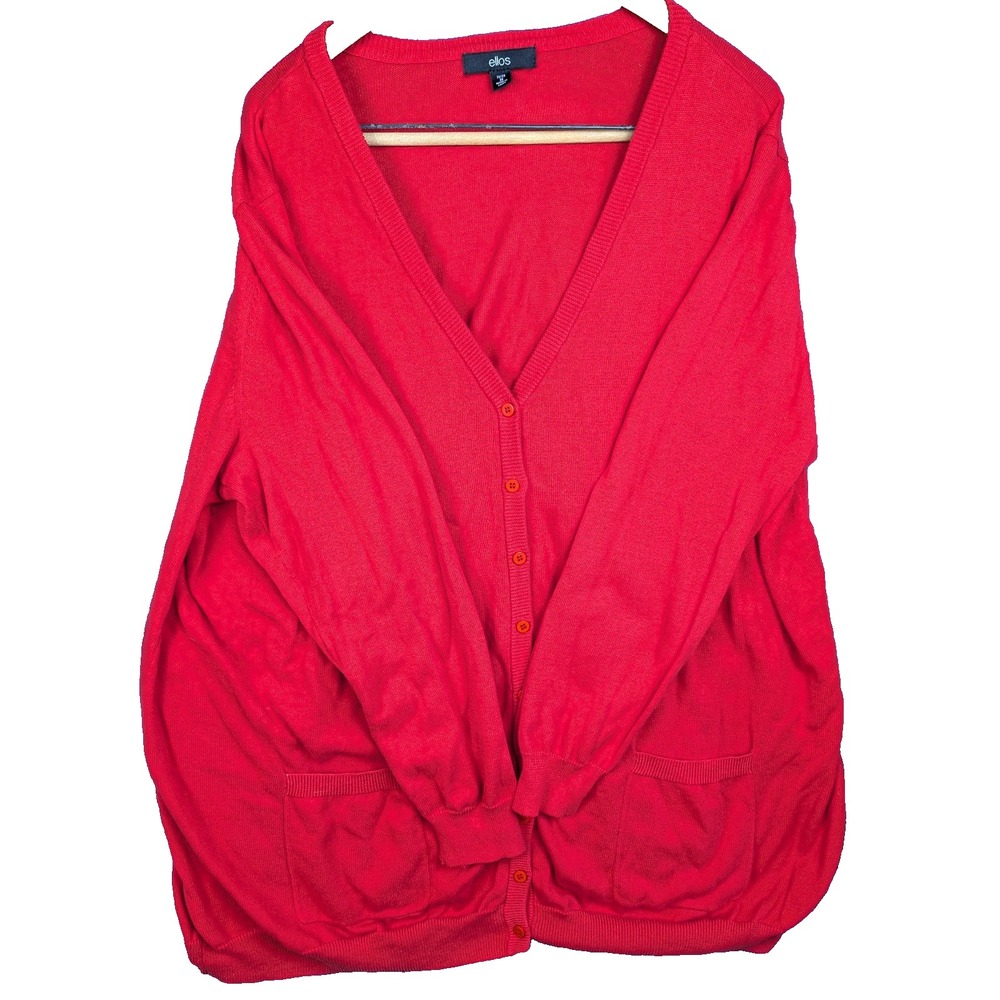Ellos Women's Long Line Red Button up Cardigan 2X 100% Cotton 26/28
